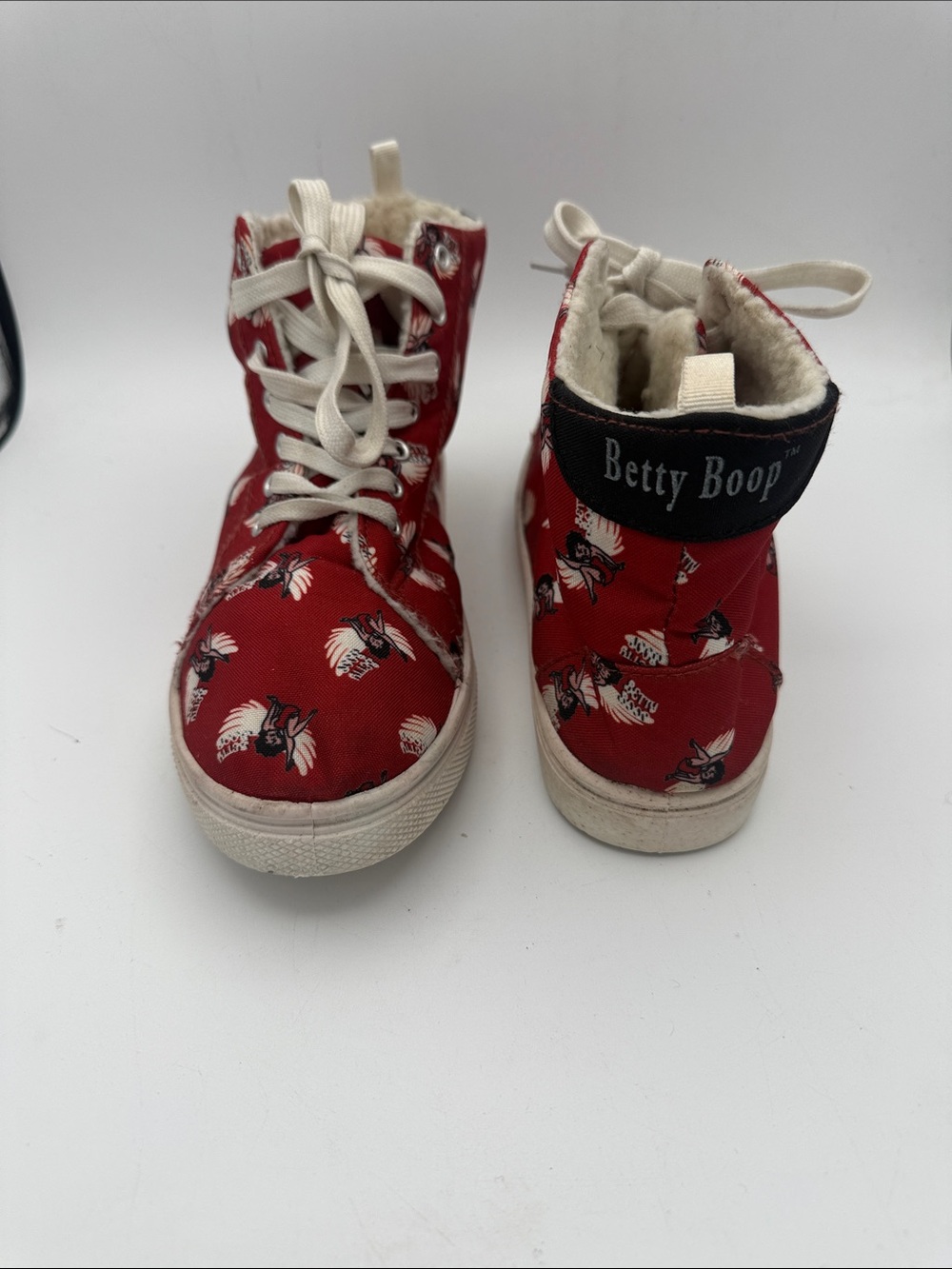red Betty Boop high-top canvas sneakers angel pattern sherpa lining sz 7